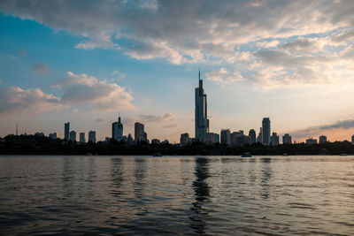 Water by modern buildings against sky during sunset