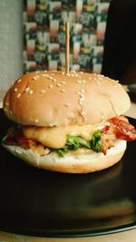 Close-up of burger in plate on table