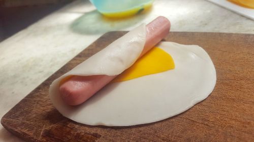 High angle view of bread in plate on table