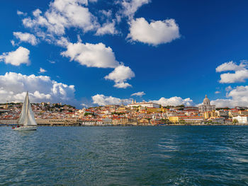 View of buildings by river against cloudy sky