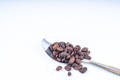 High angle view of coffee beans against white background