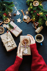 High angle view of christmas decoration on table