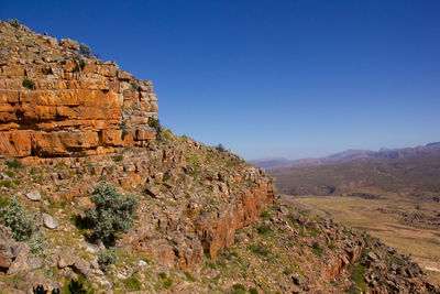 Rock formations on landscape against clear blue sky