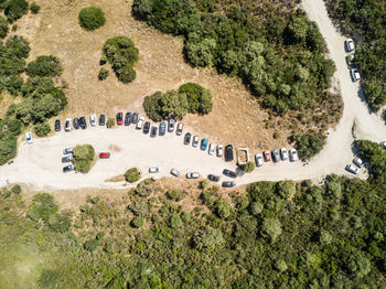 High angle view of people on the road