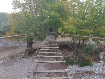 Footbridge amidst trees against sky