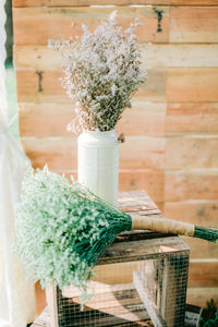 Close-up of potted plant on table against wall