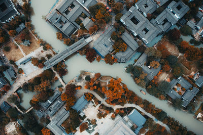 High angle view of buildings and houses in city