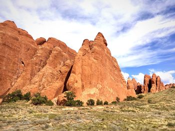 Low angle view of rock formations against cloudy sky