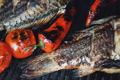 Close-up of seafood and vegetables on grill