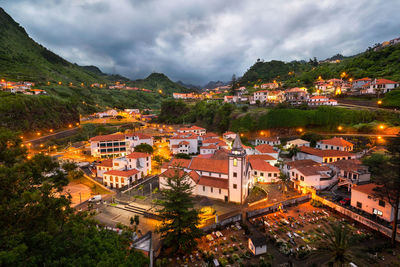 High angle shot of townscape against sky