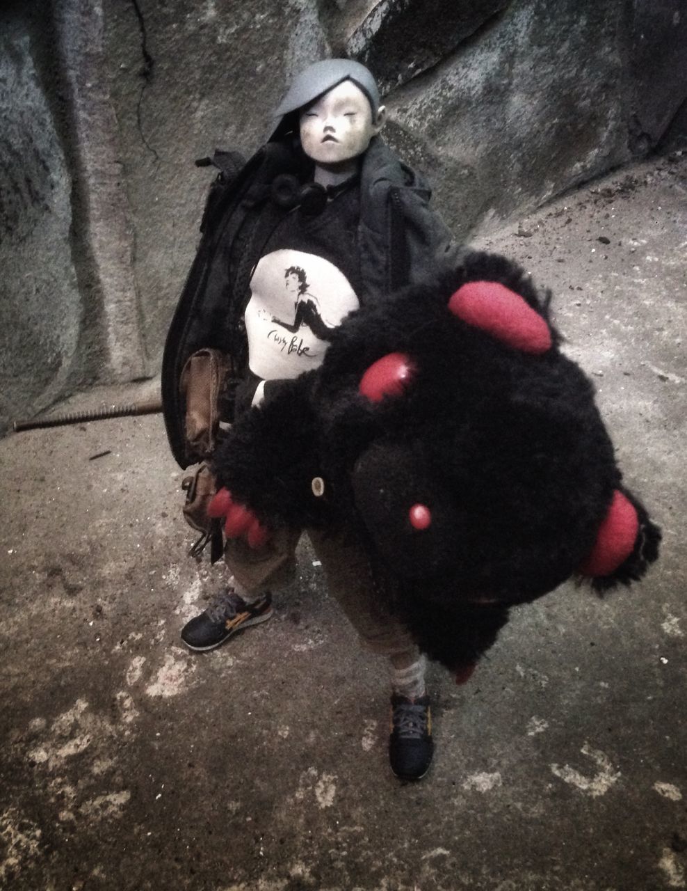 black, representation, toy, full length, childhood, one person, day, celebration, animal, outdoors, women, spooky, clothing, human representation, child, costume, nature, high angle view, adult, stuffed toy, female