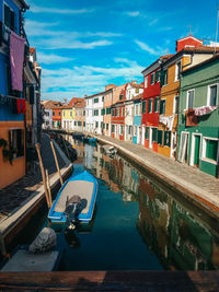 Canal by buildings in city against sky