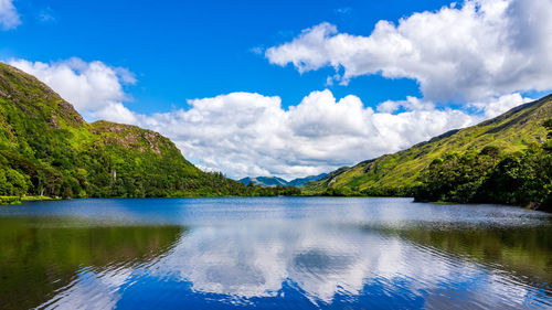 Scenic view of lake by mountains against sky