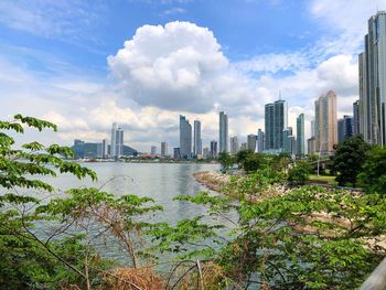 Panoramic view of city buildings against sky