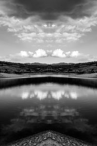 Scenic view of lake against cloudy sky