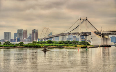 View of suspension bridge with city in background