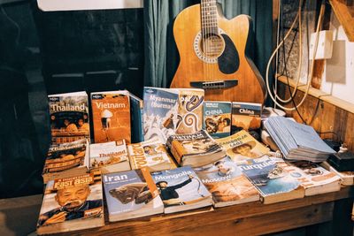 Full frame shot of objects on wooden table