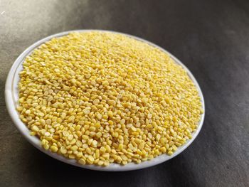 High angle view of rice in bowl on table