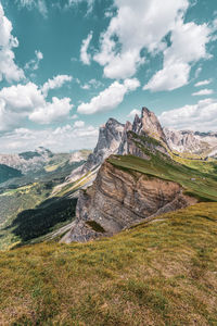 Panoramic view of the seceda, high mountain in the dolomites in south tyrol, italy.