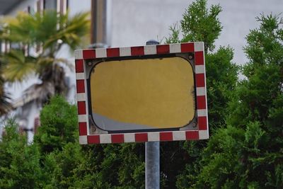 Close-up of road sign against trees