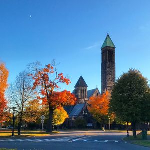 Trees in front of temple against sky during autumn