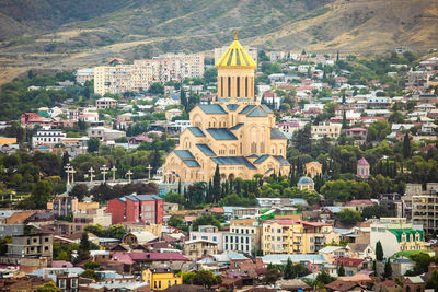 High angle view of buildings in city