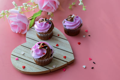 High angle view of cupcakes on table