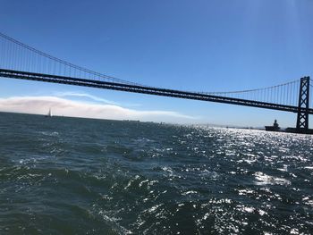 Suspension bridge over sea against sky