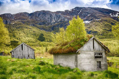 Scenic view of green and mountains against sky