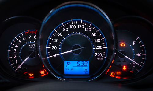 Close-up of speedometer in car