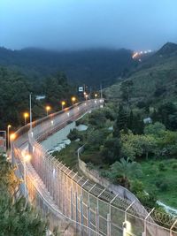 High angle view of illuminated bridge against sky