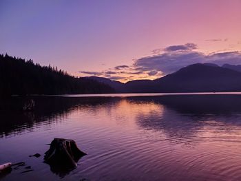 Scenic view of lake by silhouette mountains against sky during sunset, reflection on water mountains 