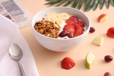 Close-up of strawberries in bowl on table