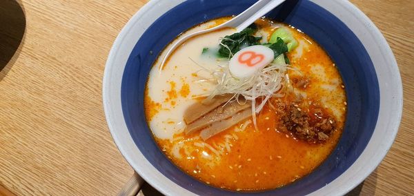 High angle view of soup in bowl on table