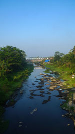 Scenic view of lake against clear blue sky