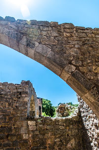 Low angle view of old ruin building against clear sky