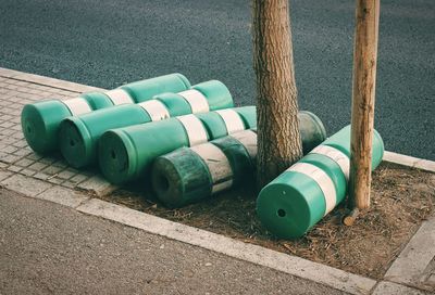 High angle view of multi colored pencils on street