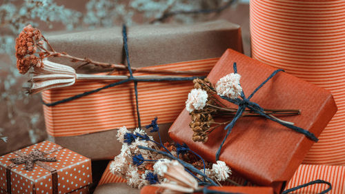 Close-up of gift boxes on table