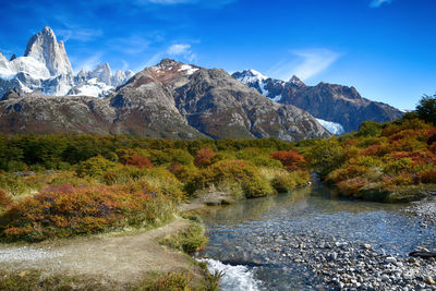 Scenic view of lake by mountains against sky