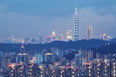 Illuminated buildings in city at night