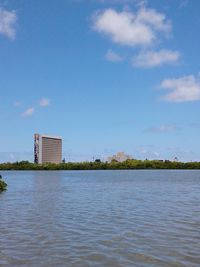 Scenic view of lake by buildings against sky