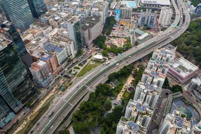 High angle view of city street and buildings