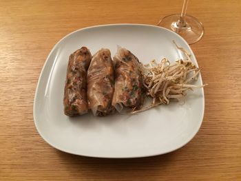 High angle view of food in plate on table