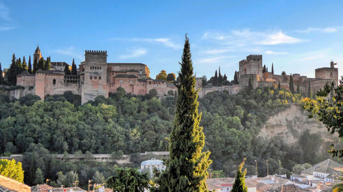 Panoramic view of trees and buildings against sky