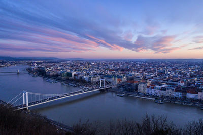 High angle view of bridge over river against sky during sunset
