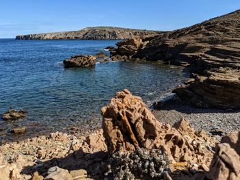 Rocks on shore by sea against sky