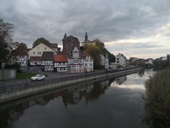 Reflection of buildings in river against sky in city