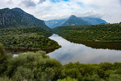 Scenic view of lake and mountains against sky