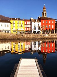 Reflection of building in lake against clear blue sky