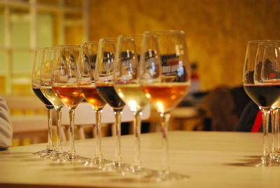 Close-up of wine in glass on table